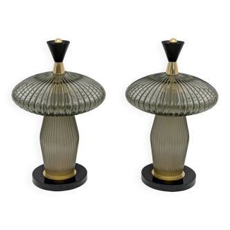 Pair of Mushroom-shaped Table Lamps Murano Glass and Brass