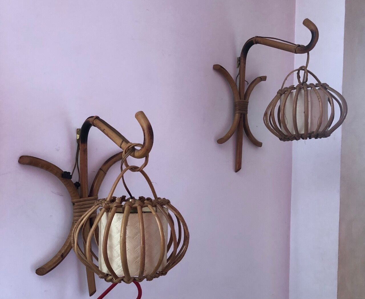 Vintage rattan wall lamps 60s, sold by 2