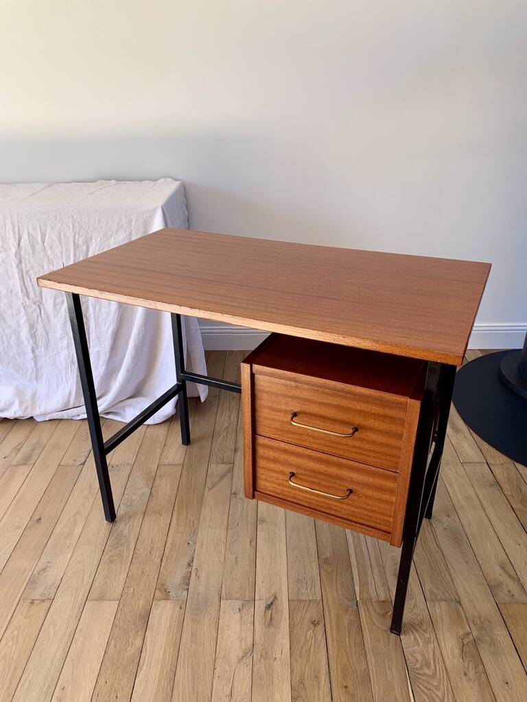 lacquered wood desk and black steel legs design from the 60s and 70s