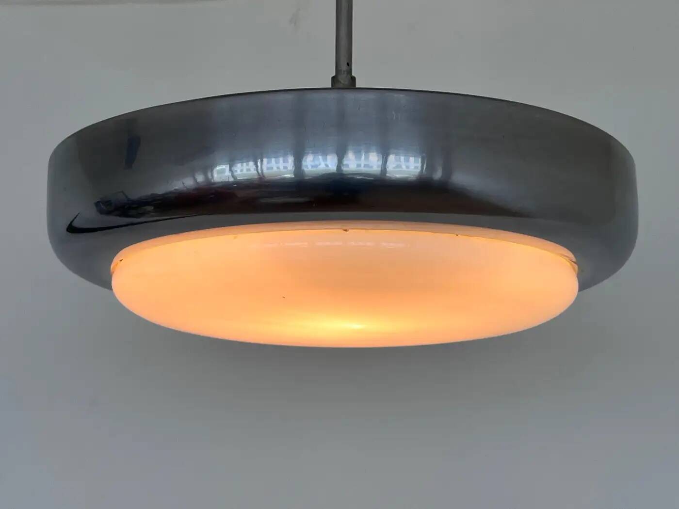 Big chrome milk glass Bauhaus pendant / lamp - 1930s