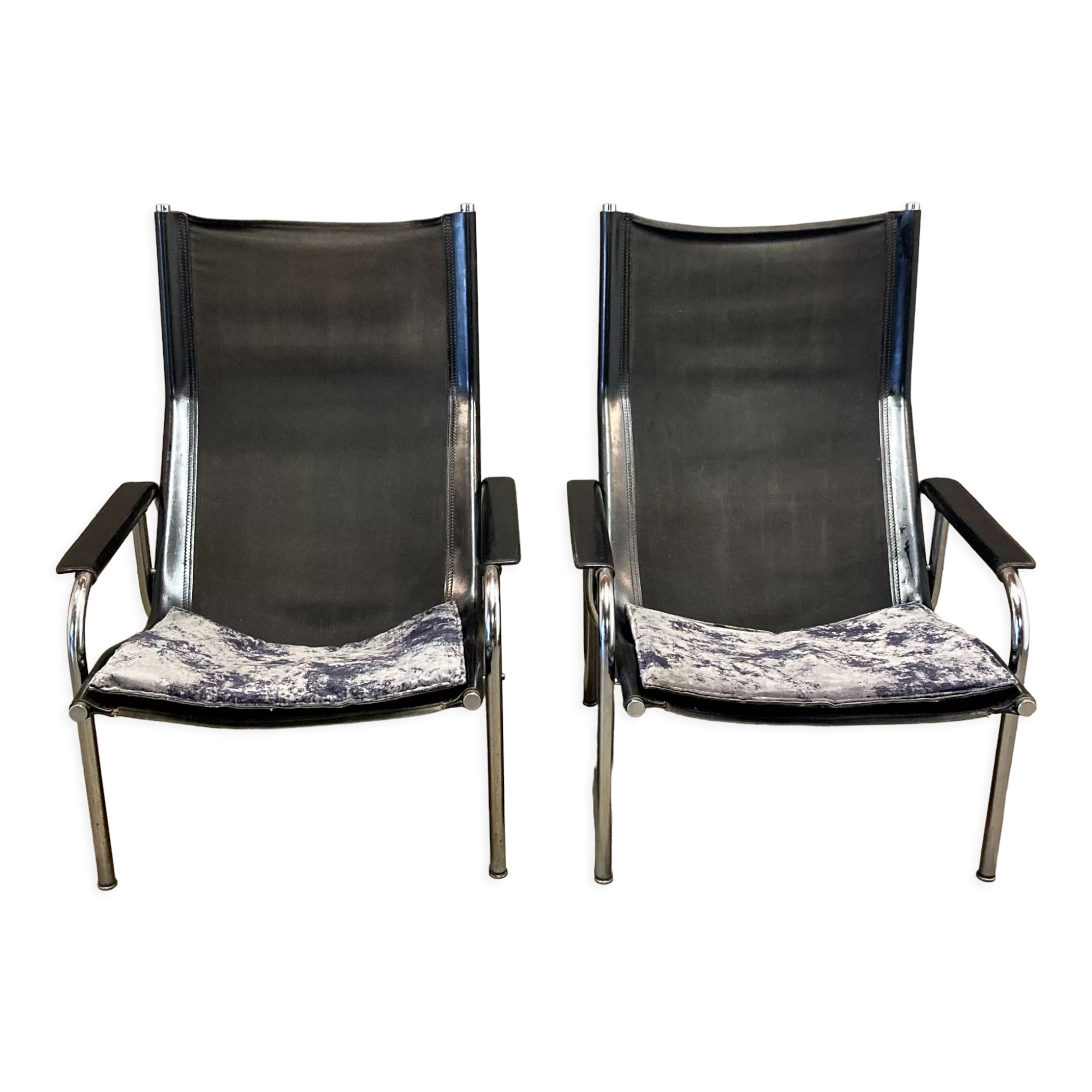 Pair of reclining relax armchairs black leather design 1960