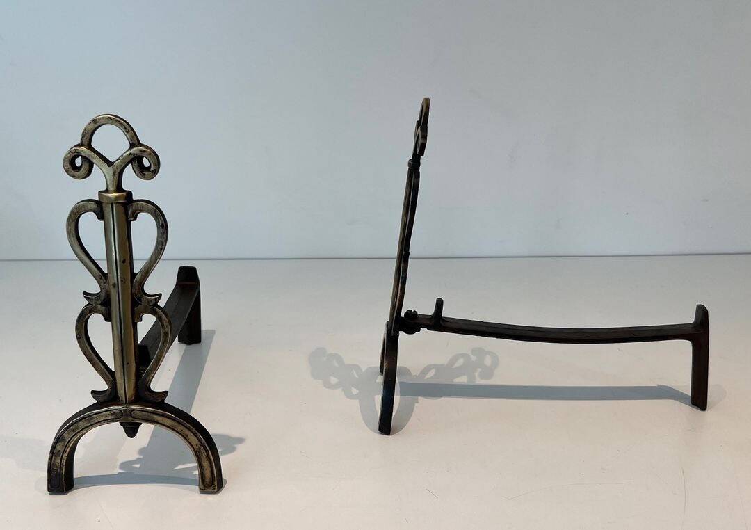 Pair of Brass and Wrought Iron Chenets with Triple Volute and Mount Torch Holders