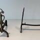 Pair of Brass and Wrought Iron Chenets with Triple Volute and Mount Torch Holders