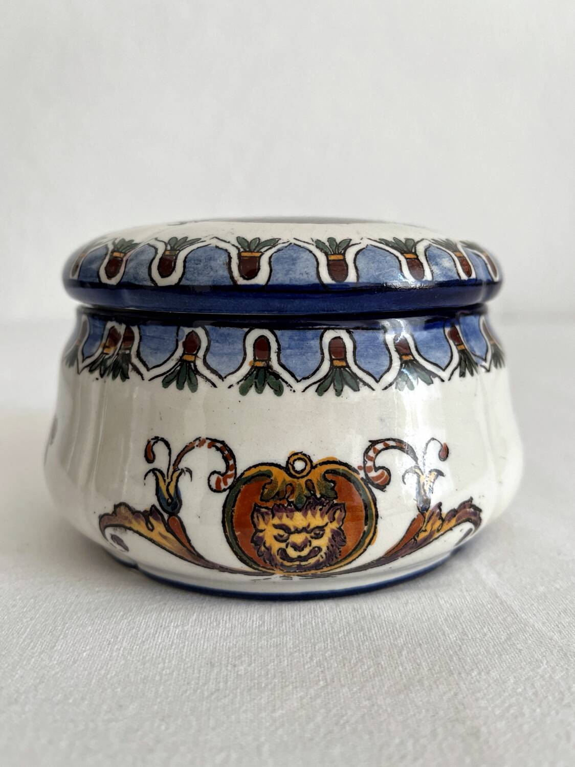 Antique Gien earthenware candy box with Renaissance decor