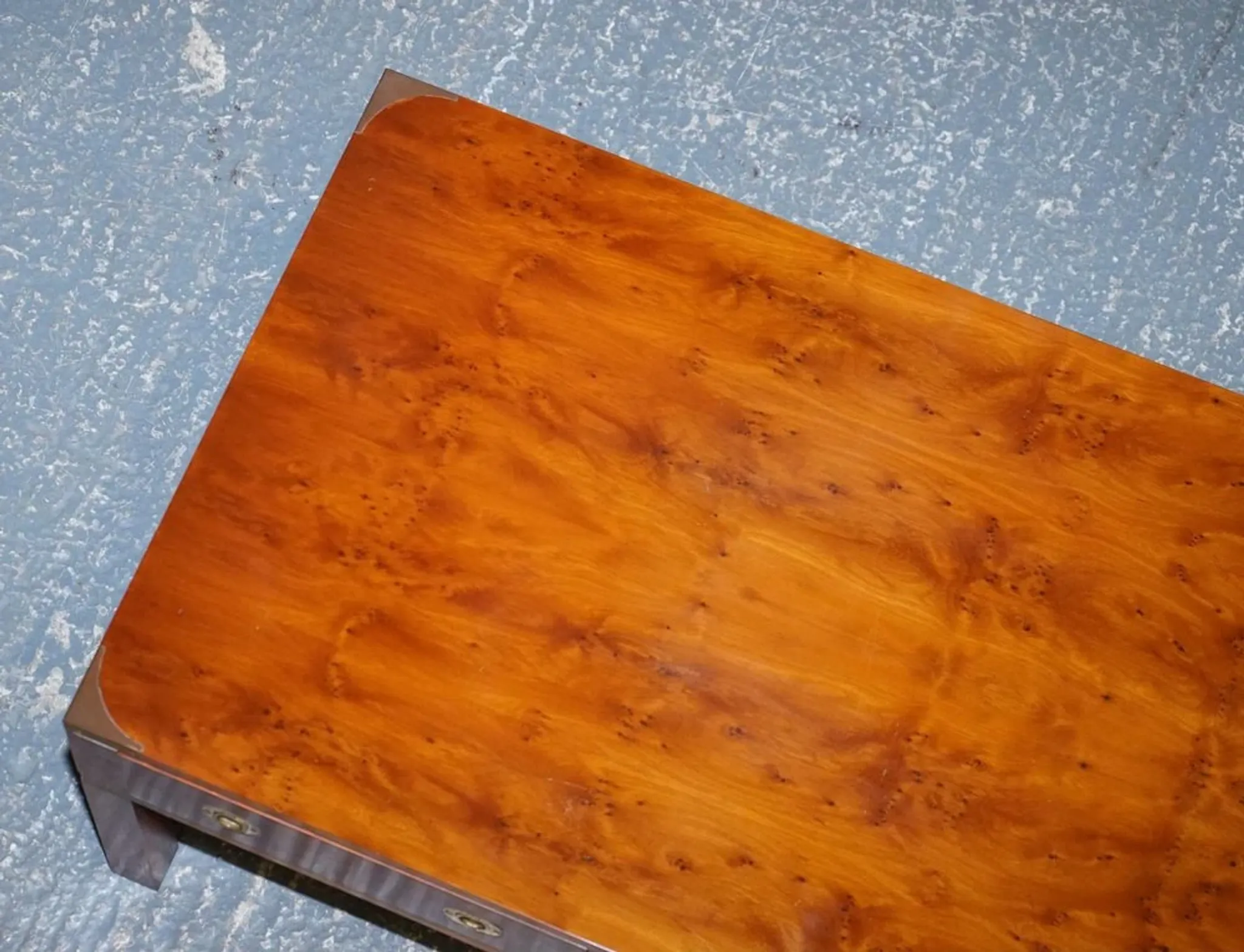 Coffee Table with 3 Drawers Military Campaign in Yew Wood, Elm and Brass, 1950s