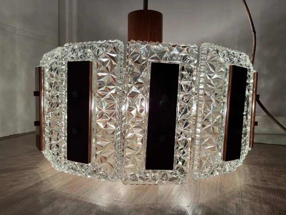 Carl Fagerlund for Orrefors Chandelier — Glass, Teak & Brass, Sweden 1960s