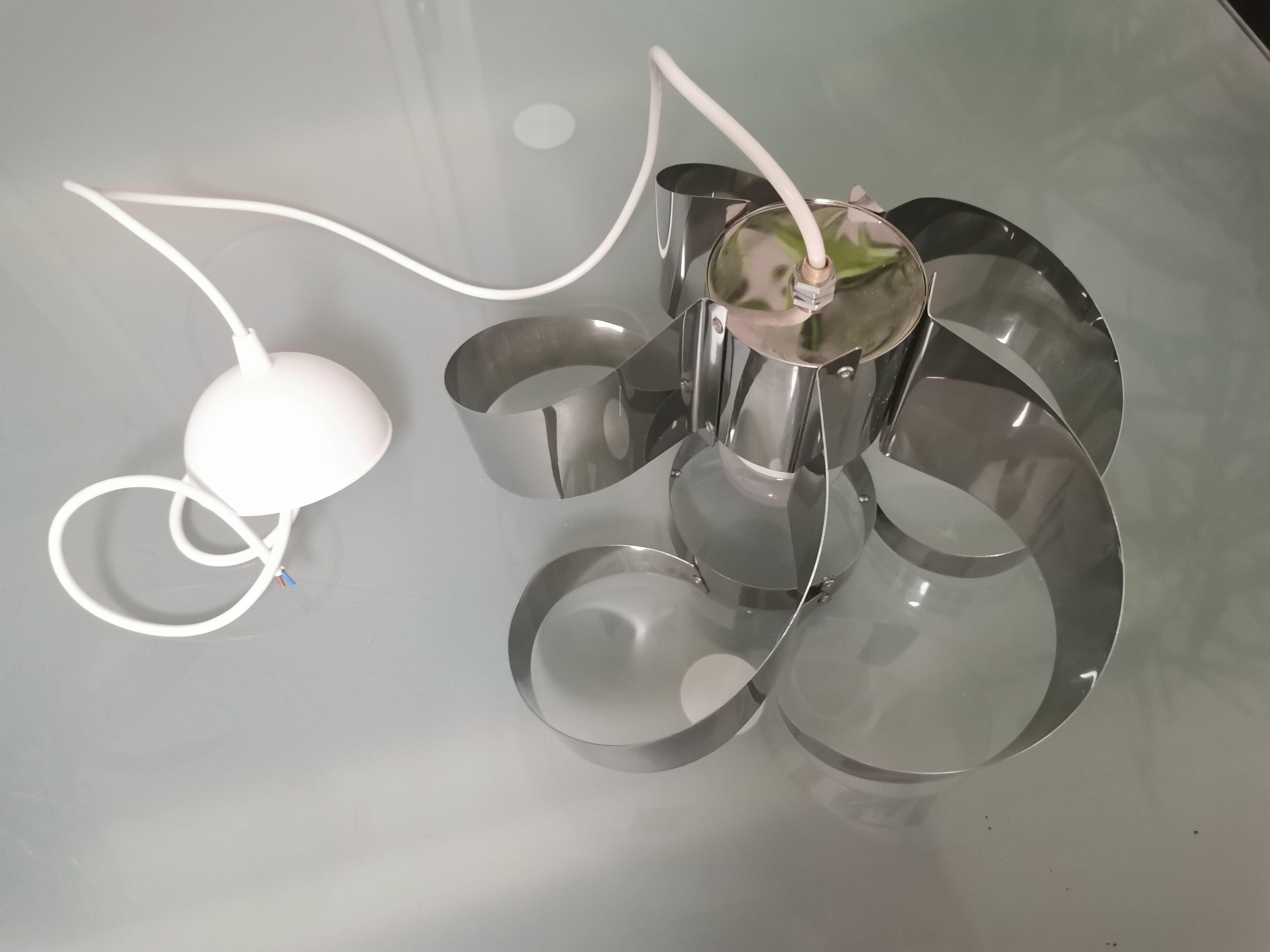 Curved stainless steel hanging lamp, Space Age, 1970