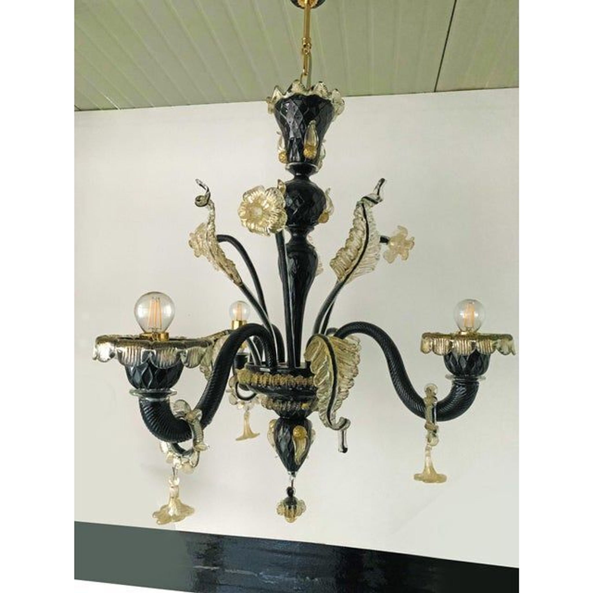 Venetian black and gold murano style glass chandelier with flowers and leaves