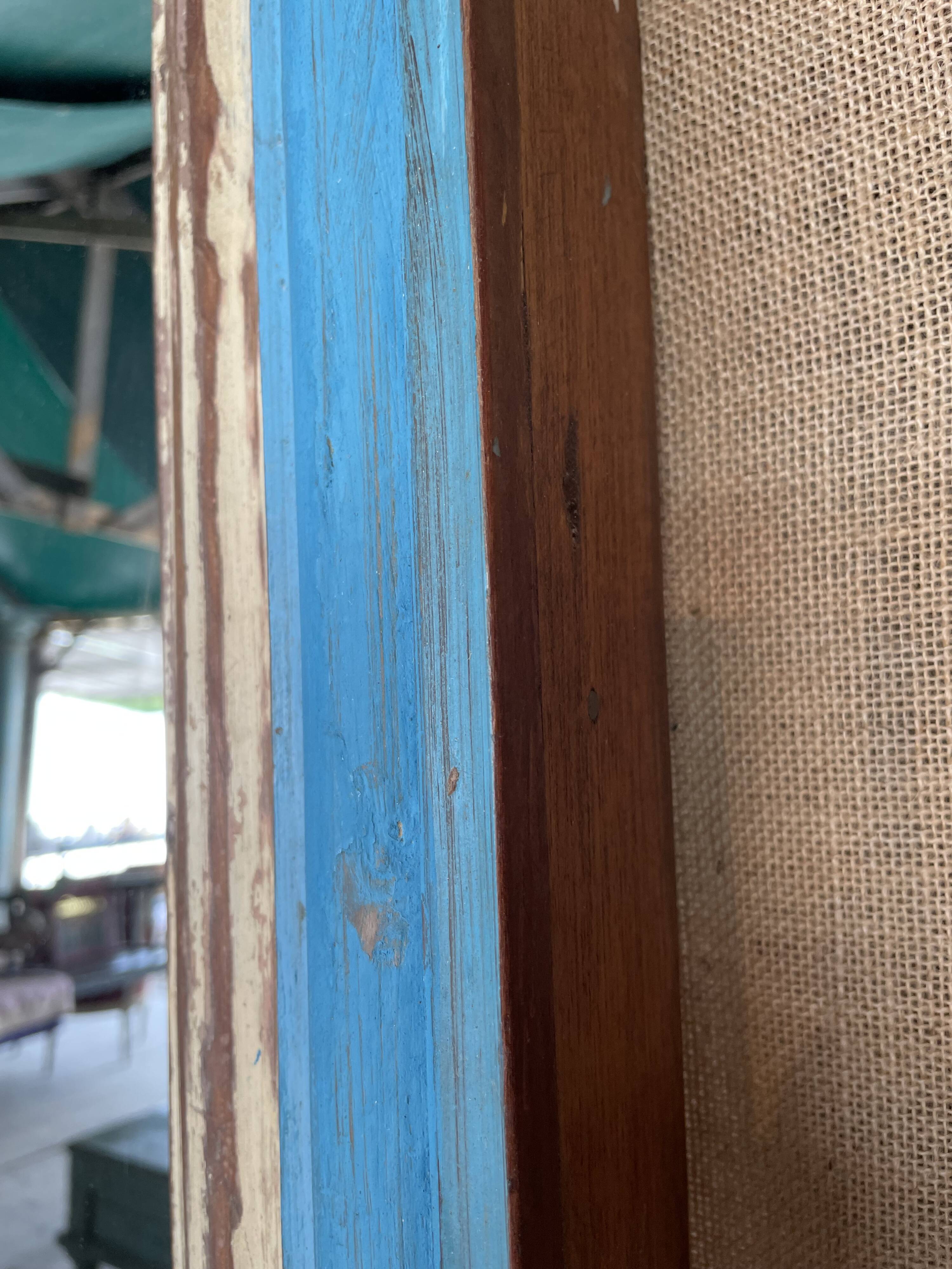 Large beige and blue teak mirror