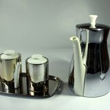 Cafetière avec couvercle chauffant isolé en métal en ensemble avec pot à lait et sucrier, Vintage