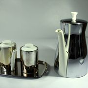 Coffee pot with metal isolated warming hood as a set with milk jug and sugar bowl, Vintage