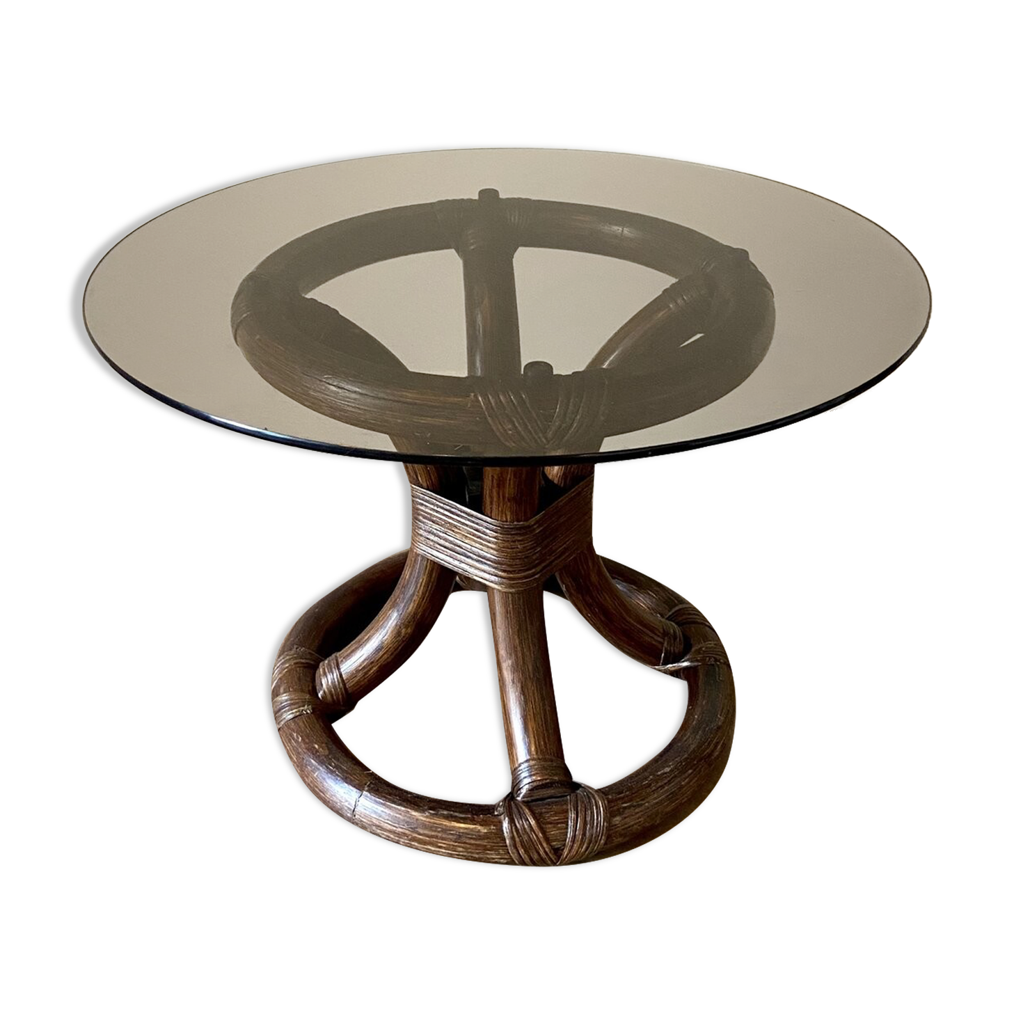 Coffee table in rattan and smoked glass 1970