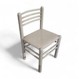 5 x dining chairs / light grey wooden frame / leather seat / Germany 1970s / labeled "ideen für kuchen - innenarchitektur"