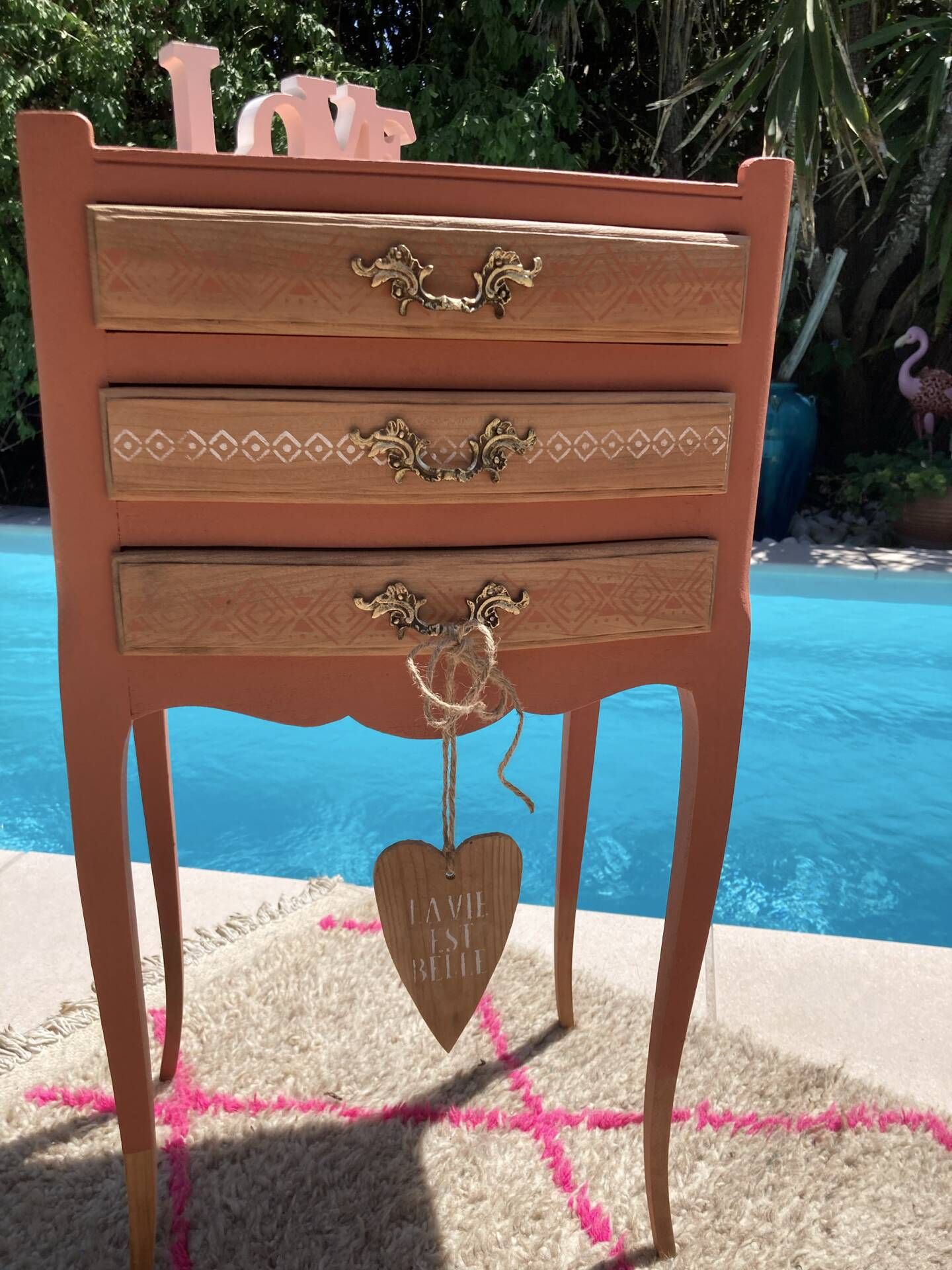 Pair of revamped bohemian / berber bedside tables with the heart "life is beautiful"