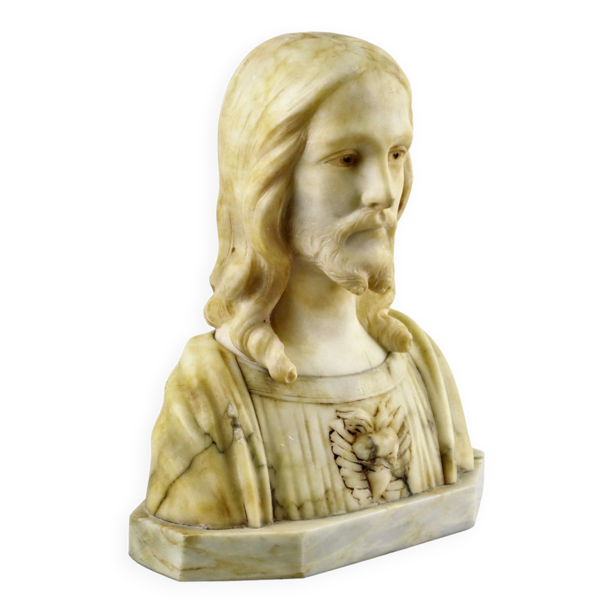 Alabaster Marble Bust Christ Sacred Heart Antique 1920 Signed 32cm