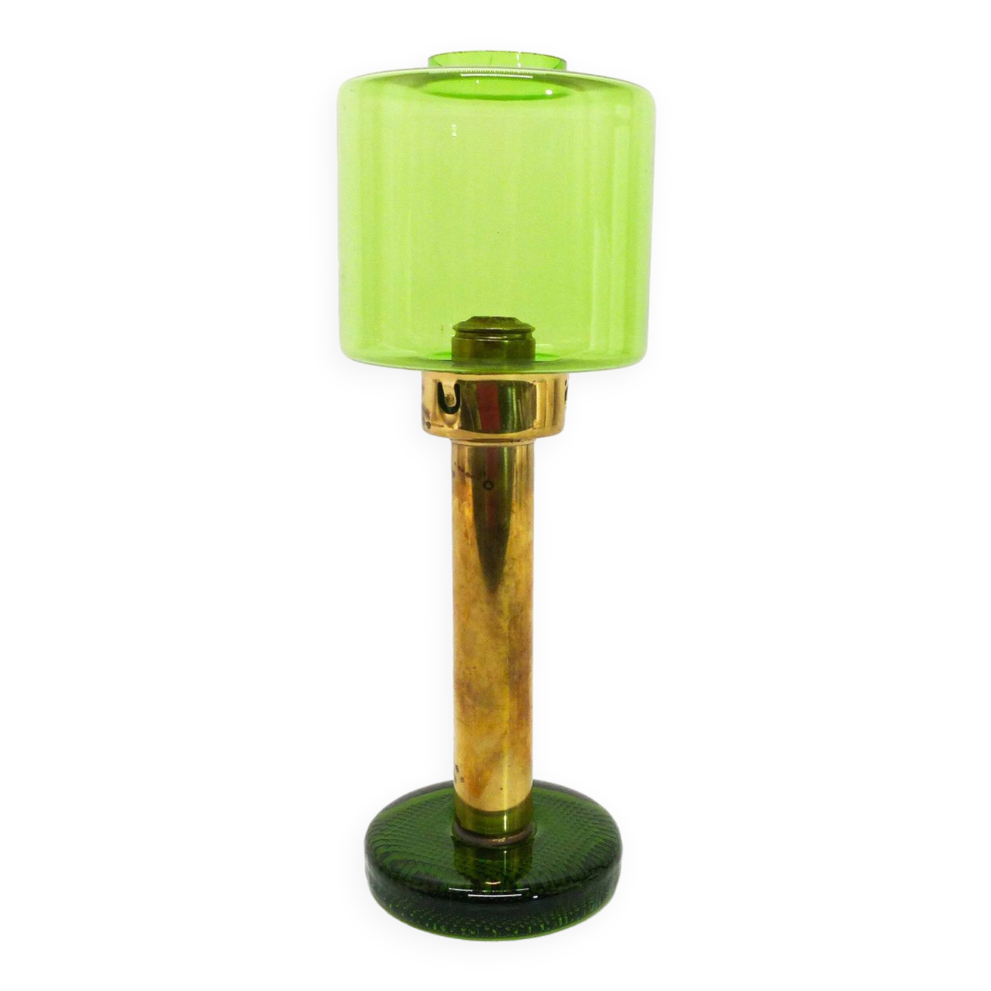 Scandinavian candle holder Gnosjö green glass and brass 1960