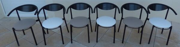 6 Chaises de style gondole structure métallique cossu et simili cuir