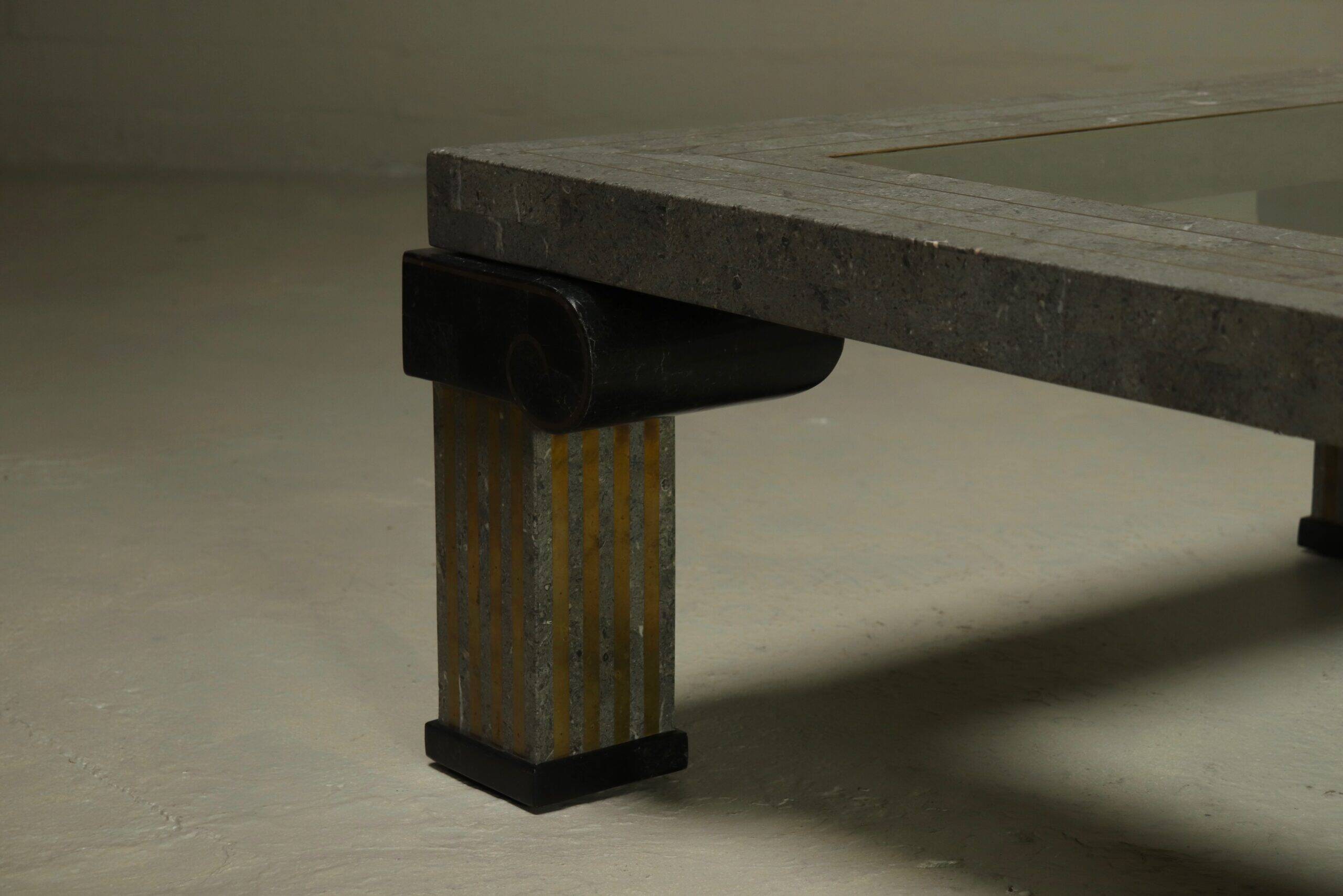 Large Maitland-Smith tessellated stone and brass coffee table 1980s