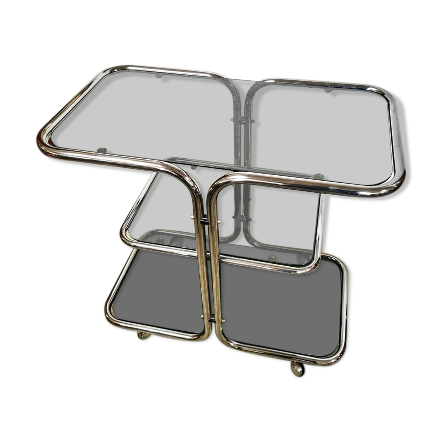 Chrome rolling table and smoked glass
