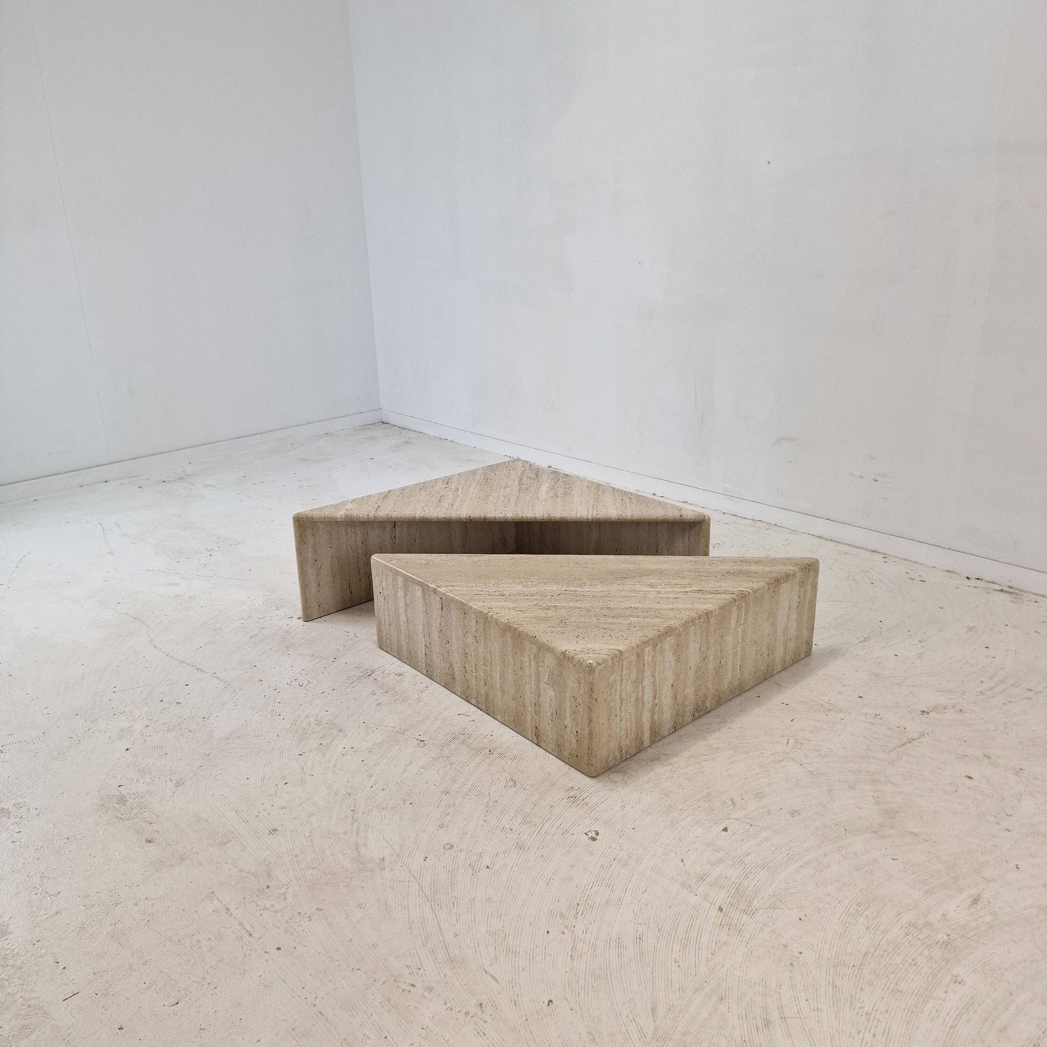 Set of Two Triangle Coffee Tables In Travertine By Up & Up, Italy 1980's