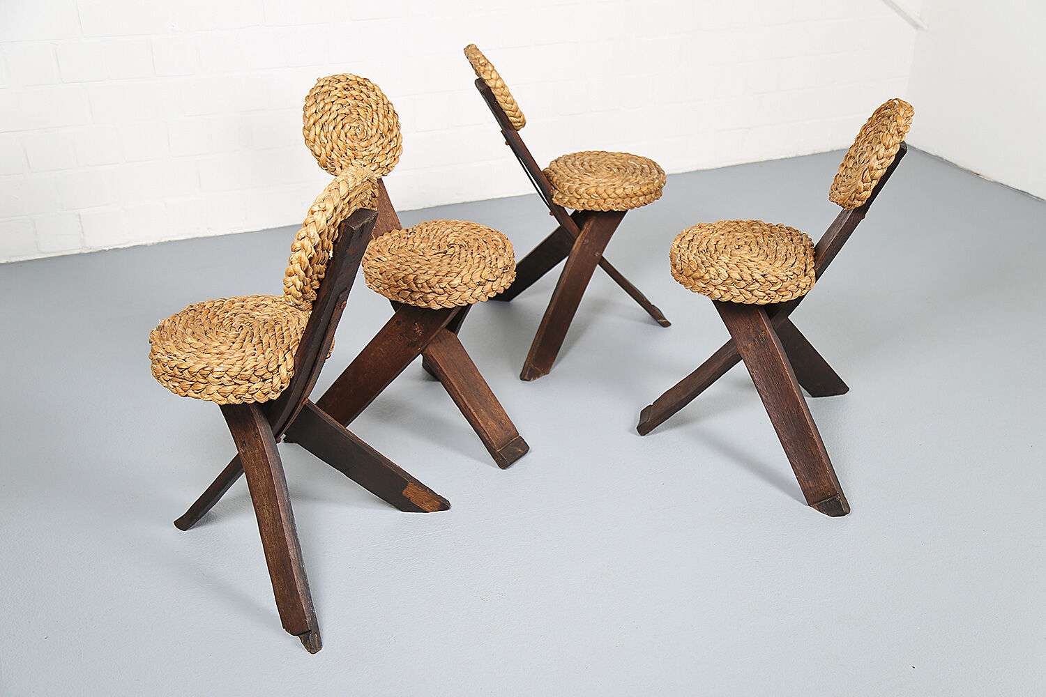 Original set of 4 tripod chairs by Frida Minet and Adrien Audoux, 1950s, France