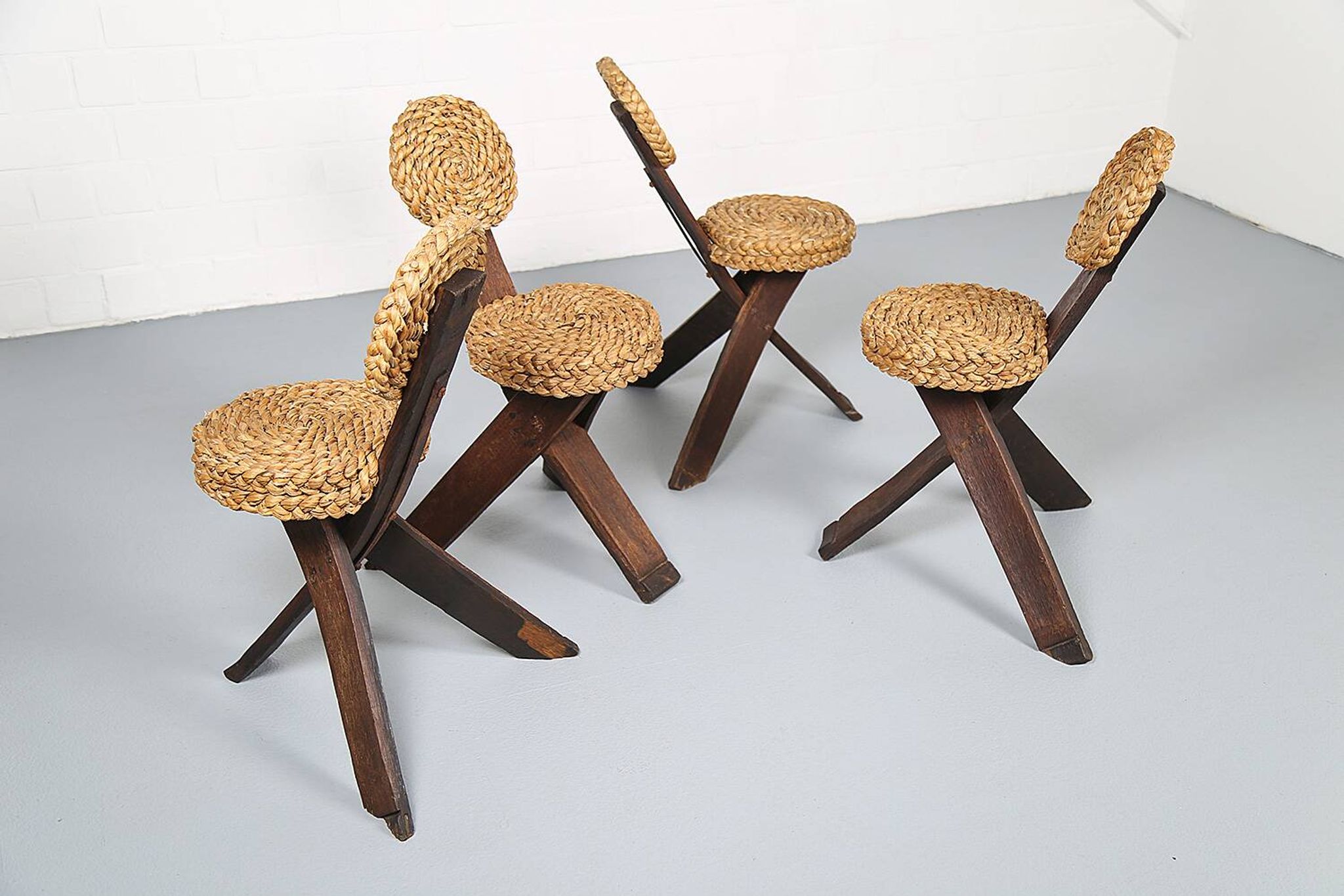 Original set of 4 tripod chairs by Frida Minet and Adrien Audoux, 1950s, France