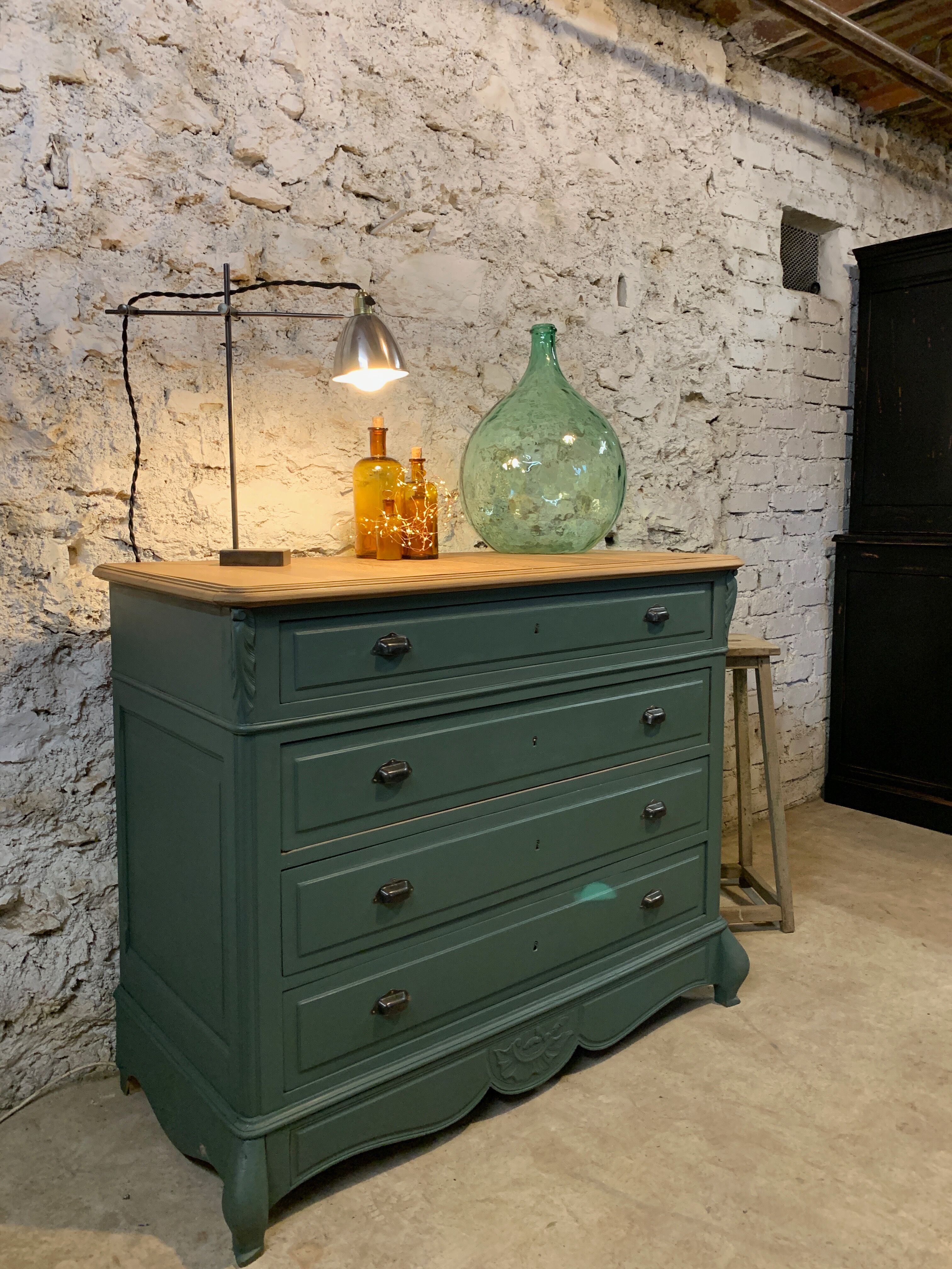 Old olive green oak chest of drawers