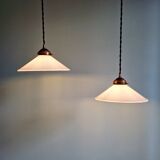 Pair of Art Deco conical white opaline pendants, 1920-30.