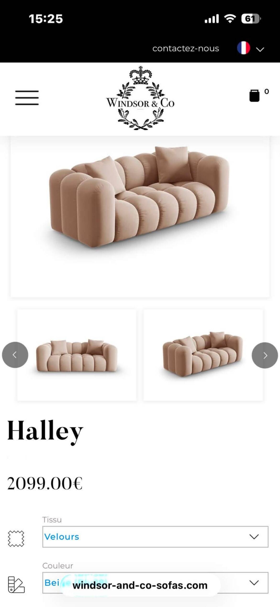 Canapé Windsor & Co en velours taupe/beige - excellent état