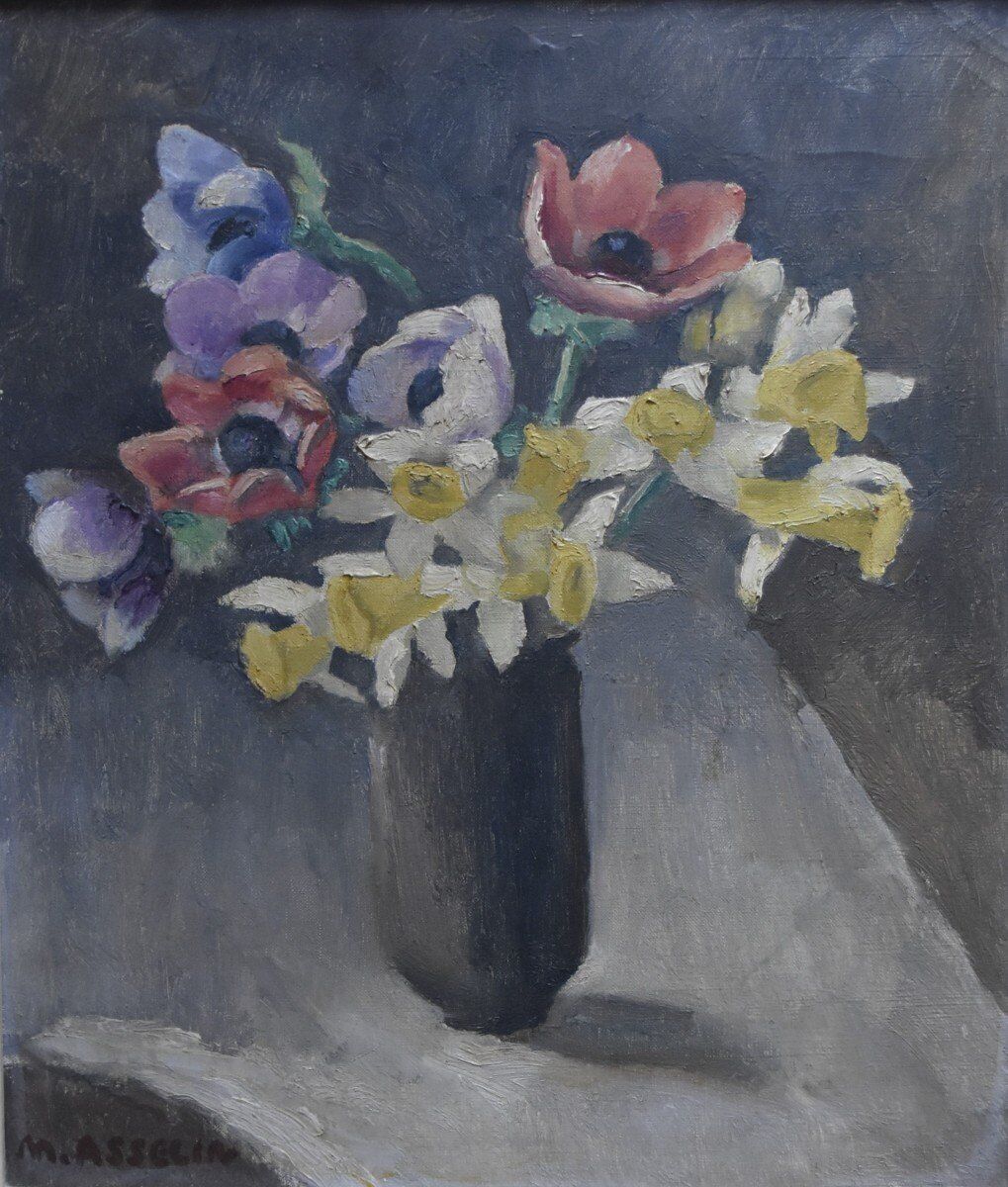 Anemones and Daffodils, Oil on Canvas Signed