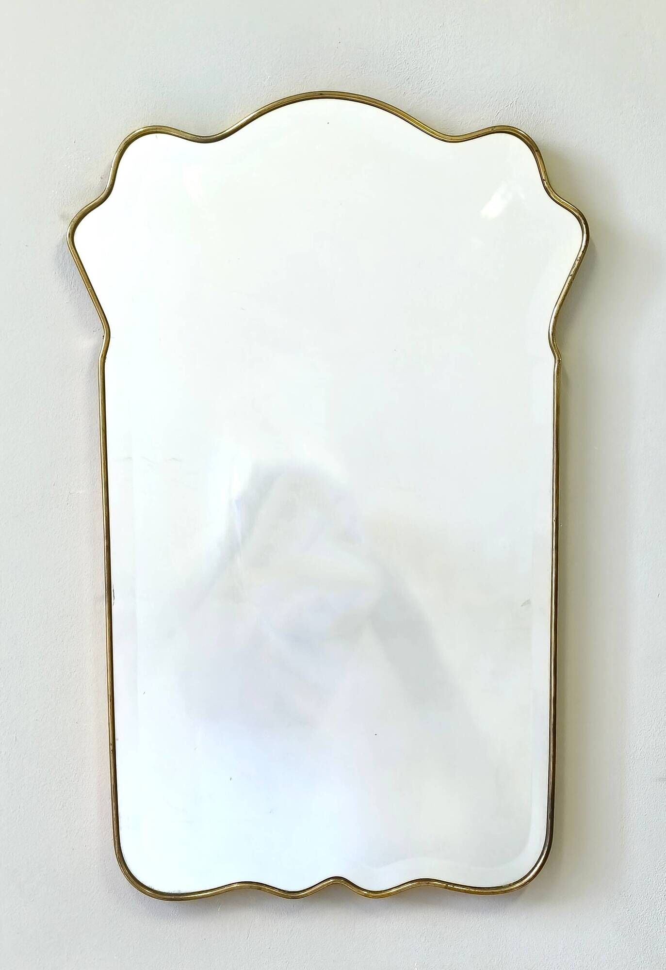 Vintage Shield Shaped Wall Mirror with Brass Frame and Beveled Glass, Italy