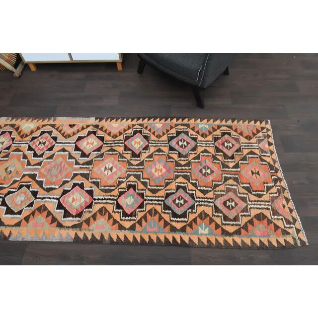 1970s Turkish Oushak Handmade Wool Cotton Orange Runner Rug 103x325