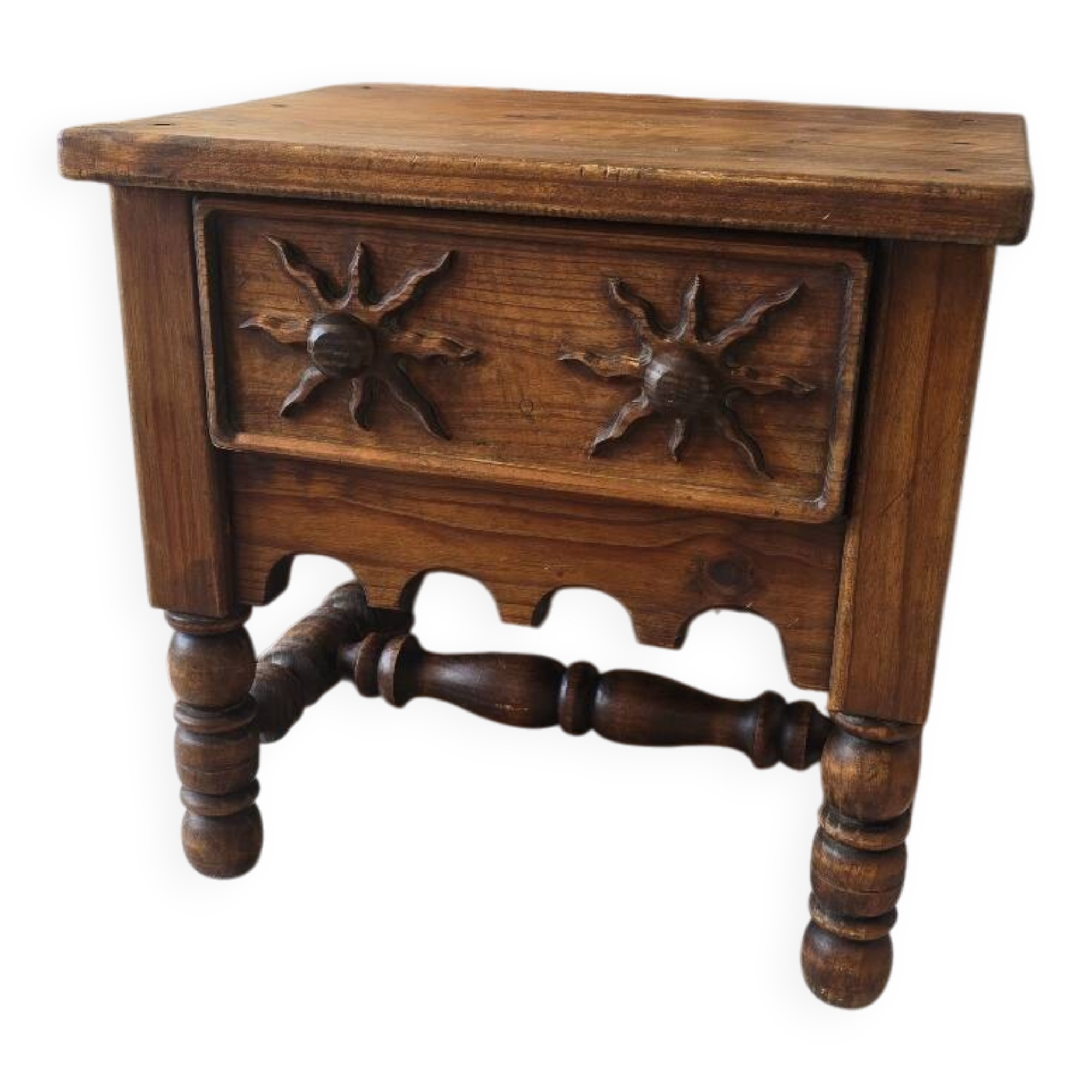 Folk Rustic Sun-Carved Nightstand sidetable cupboardsolid wood chunky