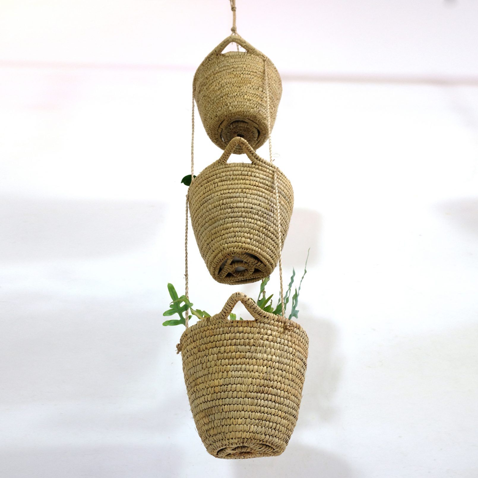 Hanging baskets made of natural fiber