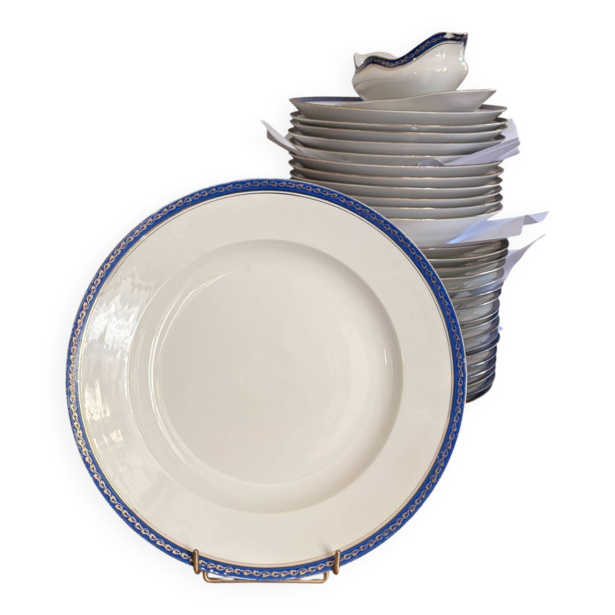 Large Plate 29 cm Salad Bowl Limoges Porcelain Blue Gold Betoule & Legrand