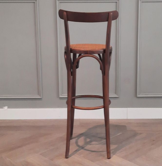 Set of 3 curved wooden bar stools with rattan seat 70s 80s