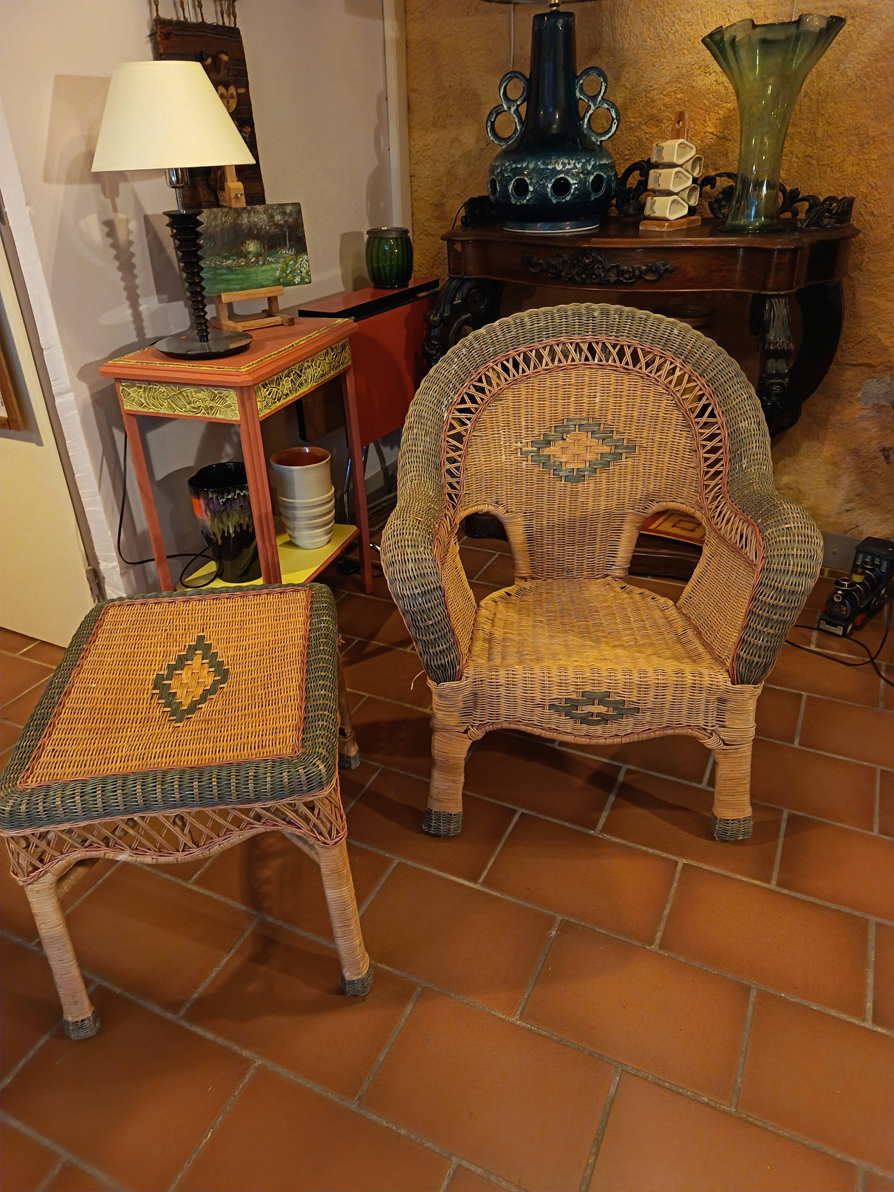 Rattan armchair and coffee table