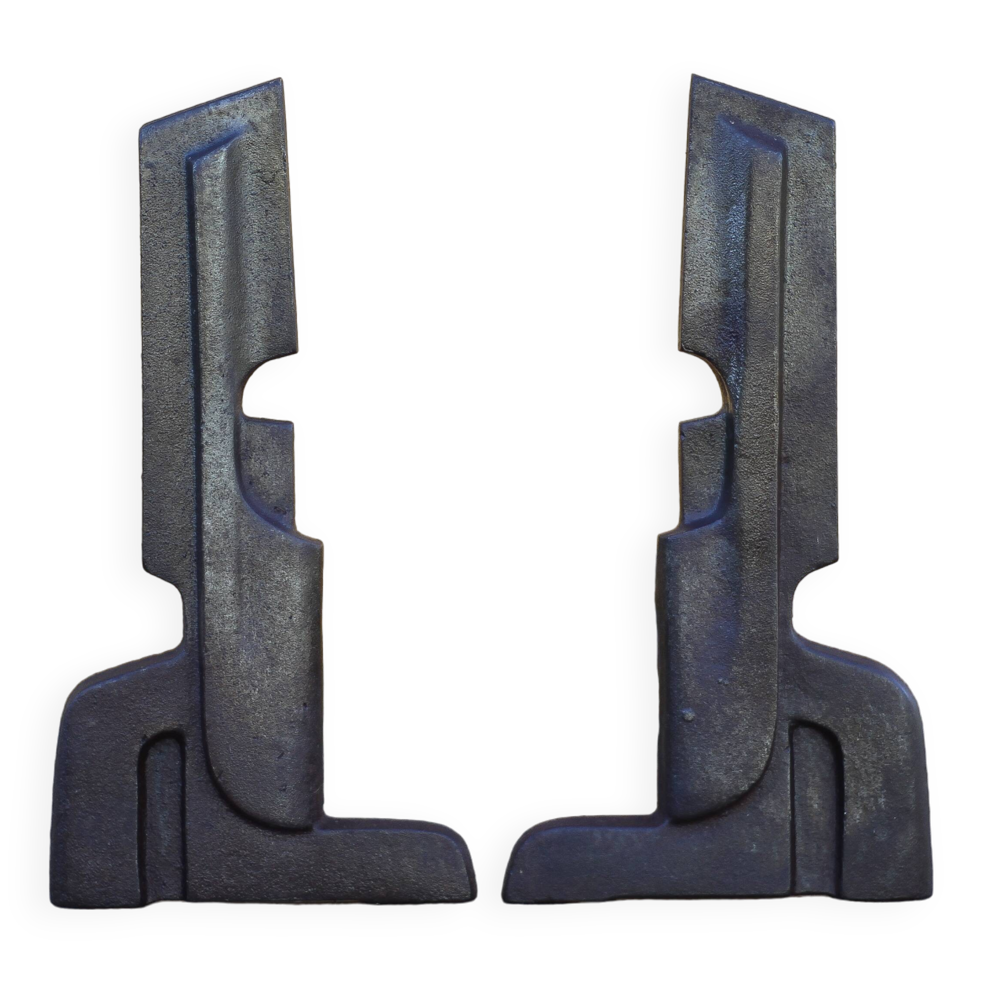 Vintage fireplace andirons France, wrought iron and cast iron andirons, modernist, brutalist, deco