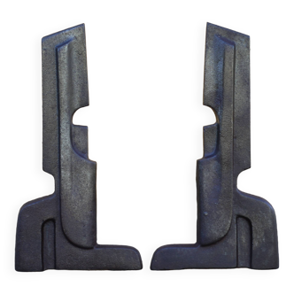 Vintage fireplace andirons France, wrought iron and cast iron andirons, modernist, brutalist, deco