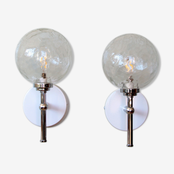 Pair of antique chromed metal sconces and vintage cracked glass globes decoration lighting