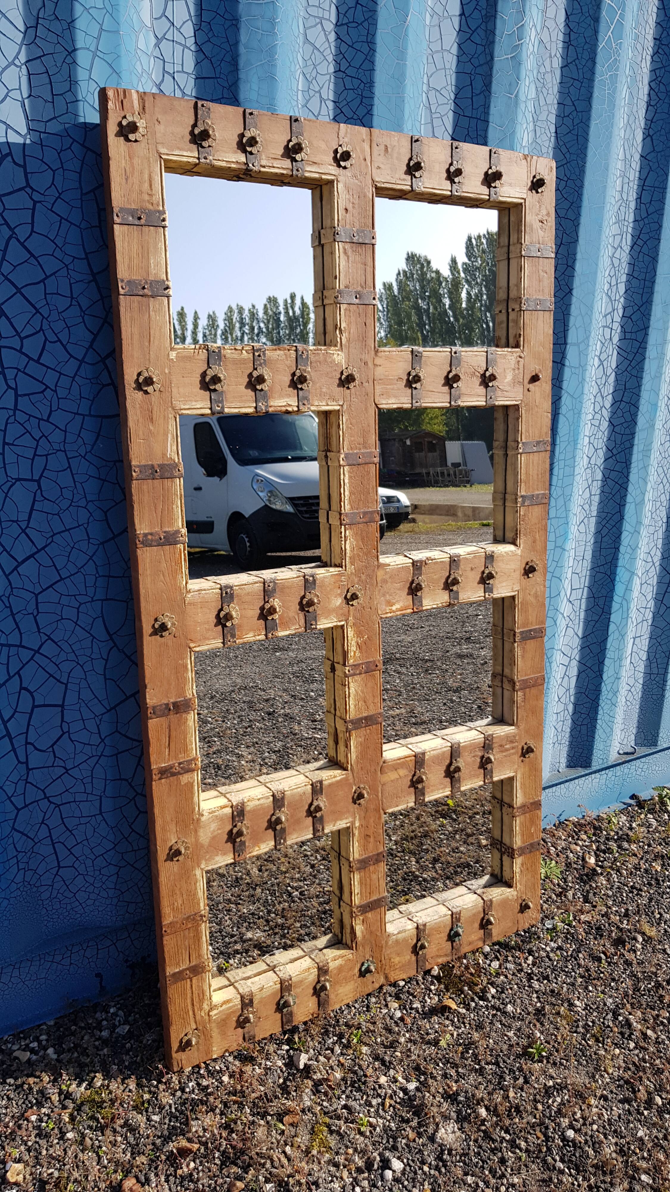 Old Burmese teak mirror with copper fittings