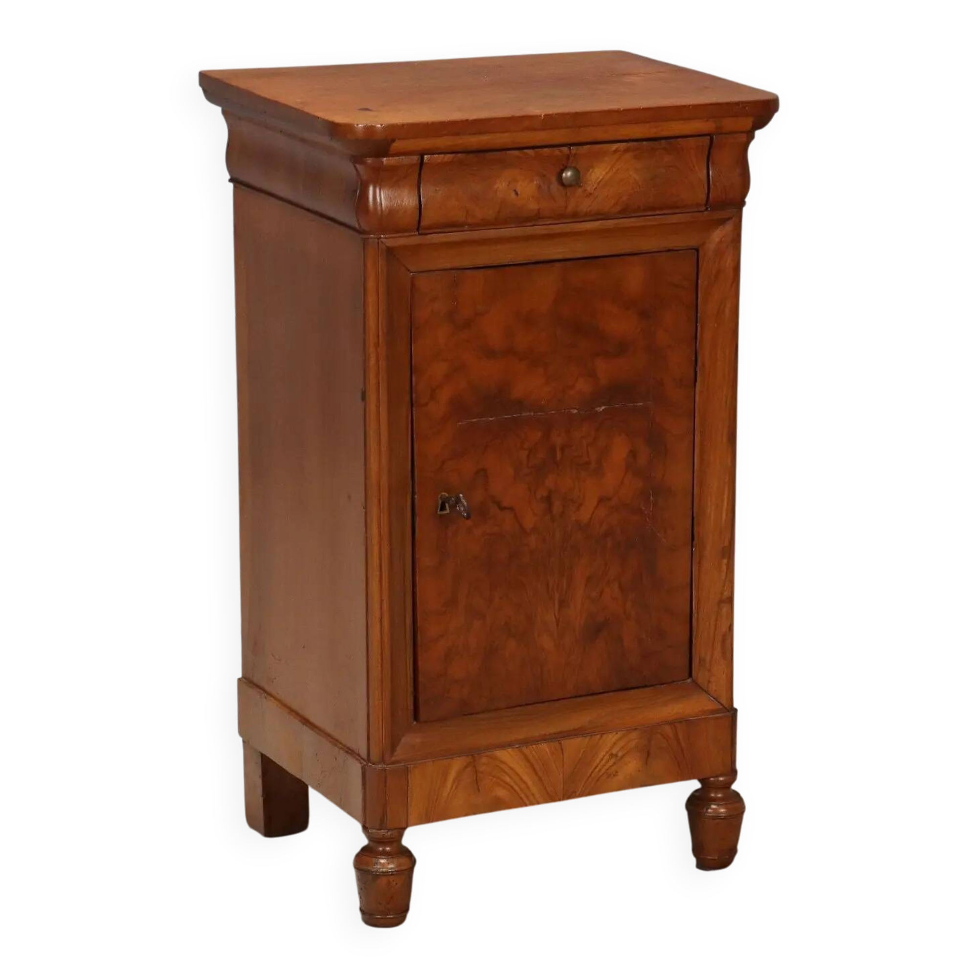 Antique walnut and walnut burl bedside table, Italy, 19th century.