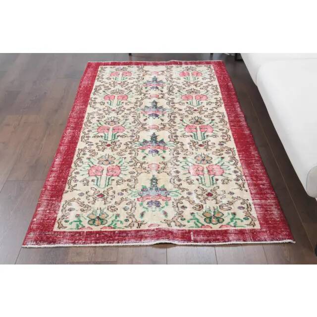 Vintage Turkish Oushak Handmade Wool Cotton Red Area Rug 107x191