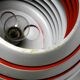 1960s spherical Space Age ceiling lamp with slats made of heavy metal