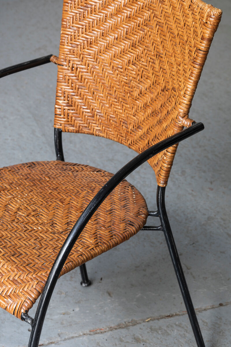 Set of 4 stackable dining chairs in steel and rattan, 1970s