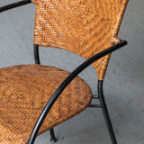 Set of 4 stackable dining chairs in steel and rattan, 1970s