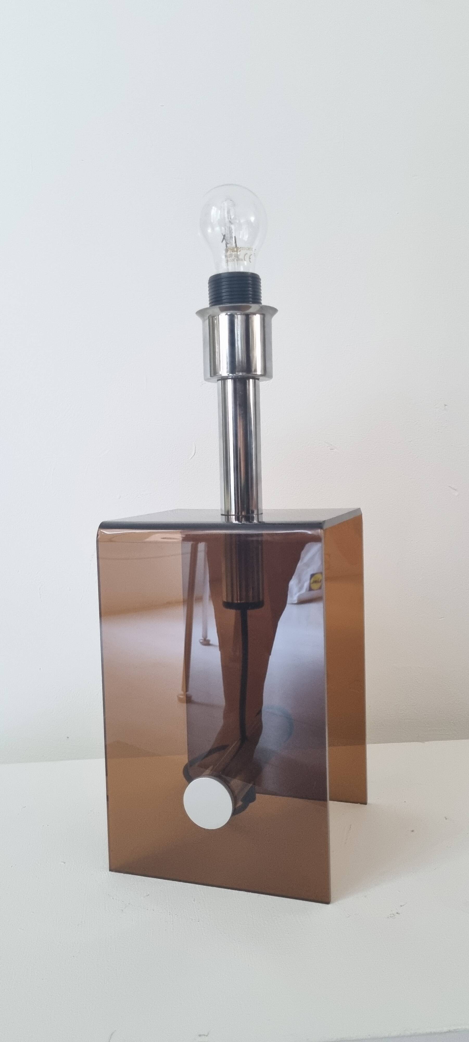 Mid-century smokey brown acrylic glass and chrome table lamp, 1970s