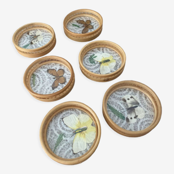 6 vintage butterfly rattan butterfly coasters