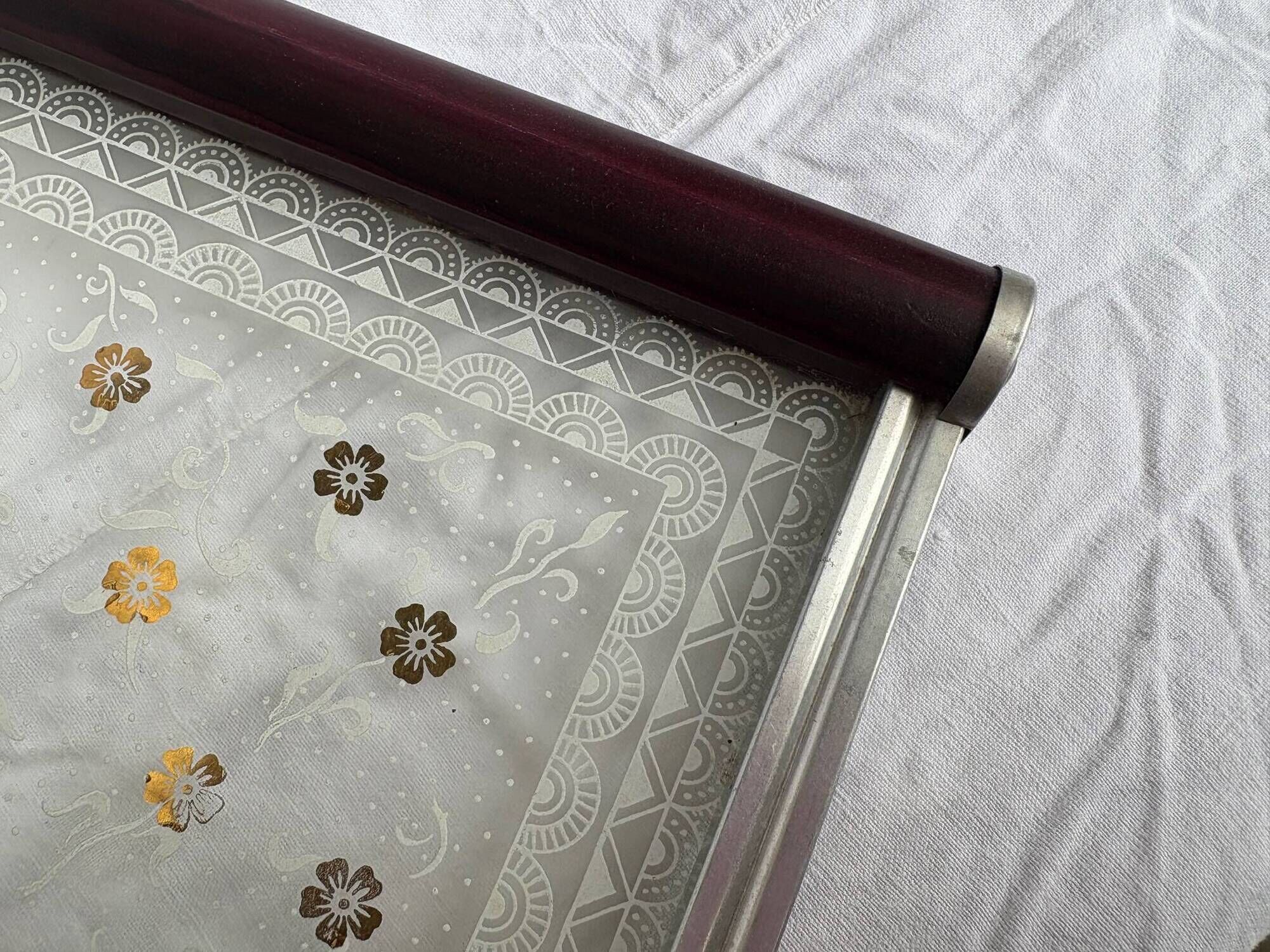 Small Art Deco tray in etched glass and chrome-plated metal – 1930s/40s