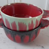 Duo of stoneware bowls with burgundy and blue ears 30s-40s